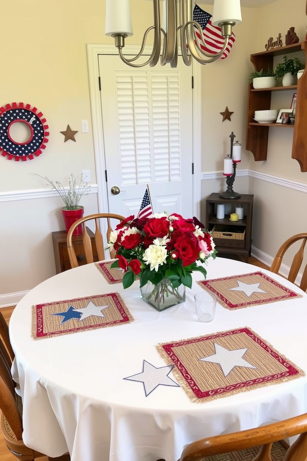 A cozy dining setting adorned with seasonal placemats featuring stars. The table is set with a white tablecloth and rustic wooden chairs, creating a warm and inviting atmosphere. Incorporate red, white, and blue accents throughout the space to celebrate Memorial Day. A centerpiece of fresh flowers in patriotic colors adds a festive touch to the apartment decor.