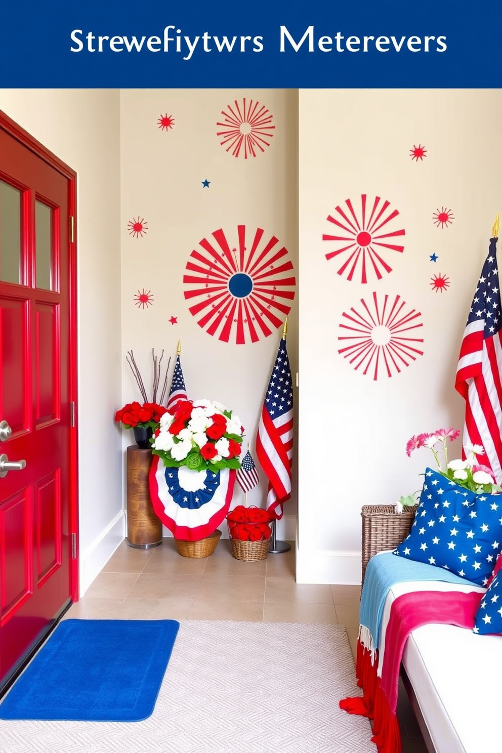 Patriotic-themed wall decals adorn the entryway, featuring vibrant red, white, and blue designs that celebrate national pride. The decals create a welcoming atmosphere, inviting guests to feel the spirit of patriotism as they enter the home. For Memorial Day, the apartment is decorated with tasteful arrangements of flags and floral displays in red, white, and blue. Cushions and throws in coordinating colors add comfort and style, enhancing the festive ambiance while honoring the holiday.