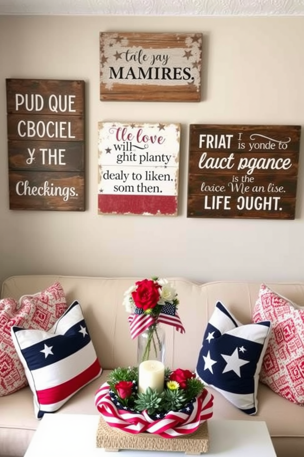 Rustic wooden signs displaying patriotic quotes hang on the walls, adding a warm and inviting touch to the space. The signs feature a mix of distressed finishes and bold lettering, creating a charming focal point in the room. For Memorial Day apartment decorating ideas, a cozy seating area is adorned with red, white, and blue throw pillows. A small table is set with a festive centerpiece that includes candles and fresh flowers in patriotic colors.