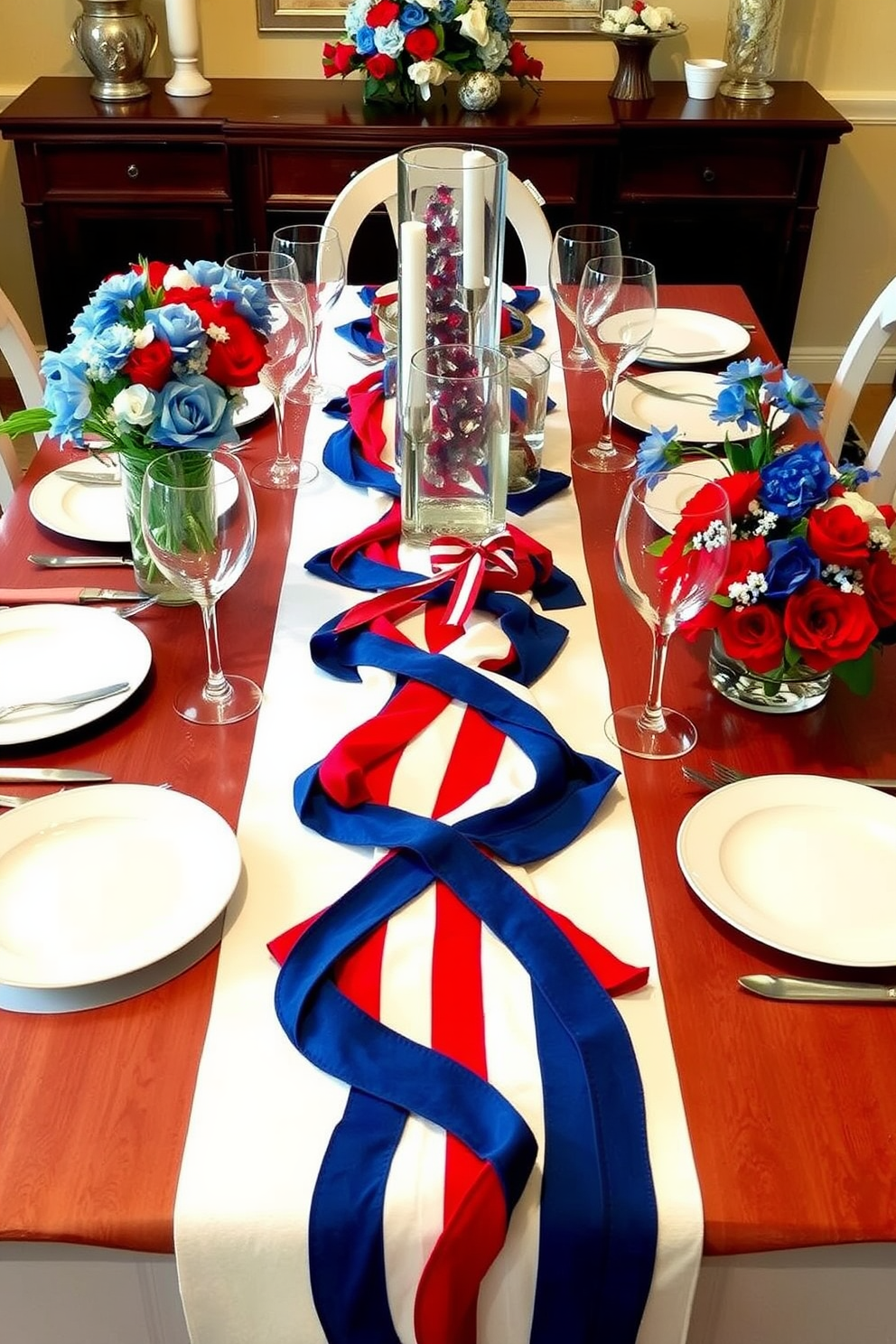 A festive dining table setting featuring a vibrant red, white, and blue table runner that cascades elegantly down the center. Surrounding the table are white plates, sparkling glassware, and fresh flowers in shades of blue and red, creating a cheerful atmosphere for Memorial Day celebrations.