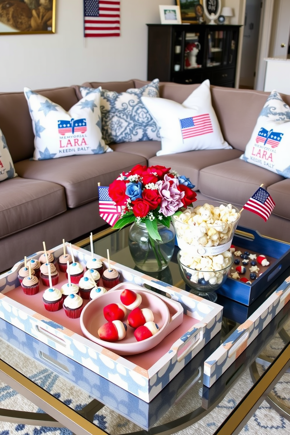 A collection of decorative trays arranged on a stylish coffee table. Each tray is filled with themed snacks such as red white and blue cupcakes fruit skewers and patriotic popcorn. The apartment is adorned with Memorial Day decorations featuring flags and stars. Cushions with festive patterns are placed on the sofa alongside a centerpiece of fresh flowers in red white and blue.