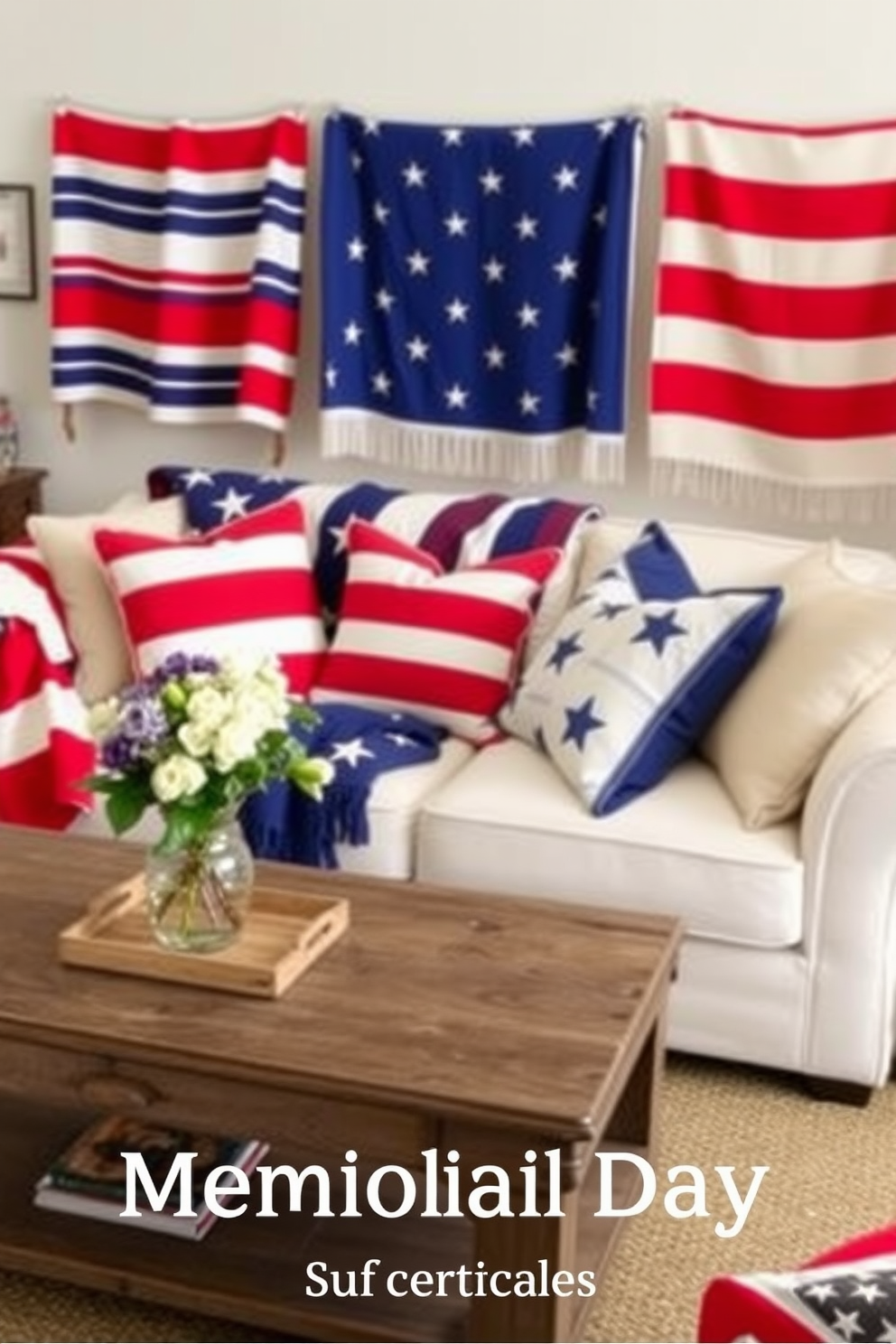 A cozy living room adorned with red, white, and blue throw blankets draped over a plush white sofa. The blankets feature various patterns, including stripes and stars, creating a festive atmosphere perfect for Memorial Day celebrations. Accent pillows in complementary colors are arranged on the sofa, adding comfort and style. A rustic coffee table holds a small vase with fresh flowers, and patriotic-themed decor pieces are strategically placed around the room.