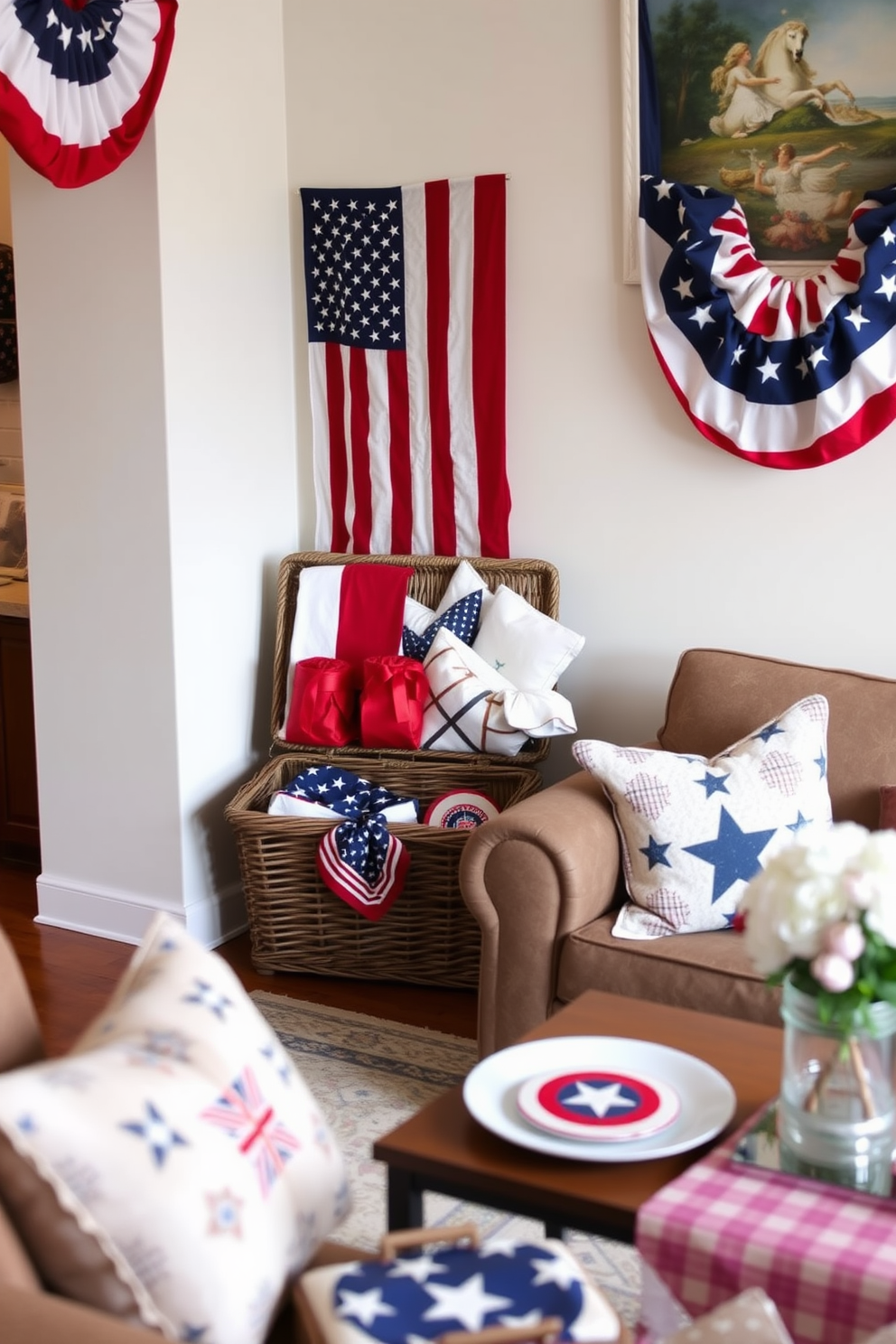 A vintage picnic basket sits elegantly in the corner of the living room, adding a charming rustic touch to the space. It is filled with colorful throw blankets and decorative pillows, inviting a sense of warmth and nostalgia. For Memorial Day, the apartment is adorned with red, white, and blue accents throughout, creating a festive atmosphere. Cushions with patriotic patterns are placed on the sofa, and a table is set with themed tableware for a celebratory feel.