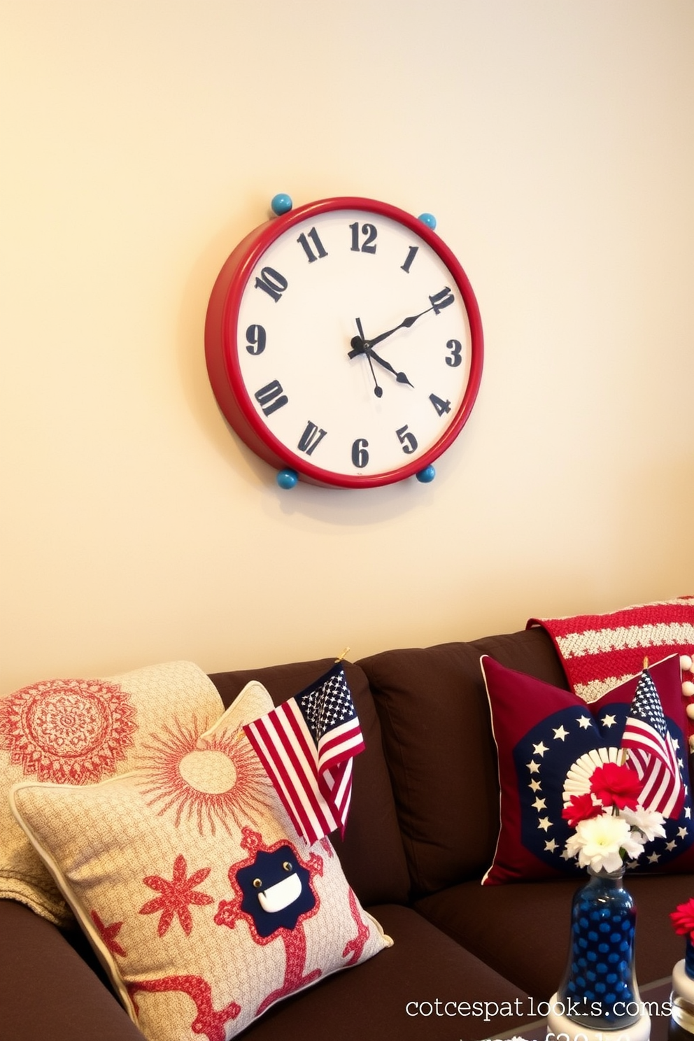 A festive wall clock adorned in red white and blue hangs prominently on the wall. Its design features stars and stripes that celebrate the spirit of patriotism. For Memorial Day apartment decorating ideas, consider using themed throw pillows and blankets in patriotic colors. Incorporate small flags and decorative centerpieces to create a festive atmosphere.