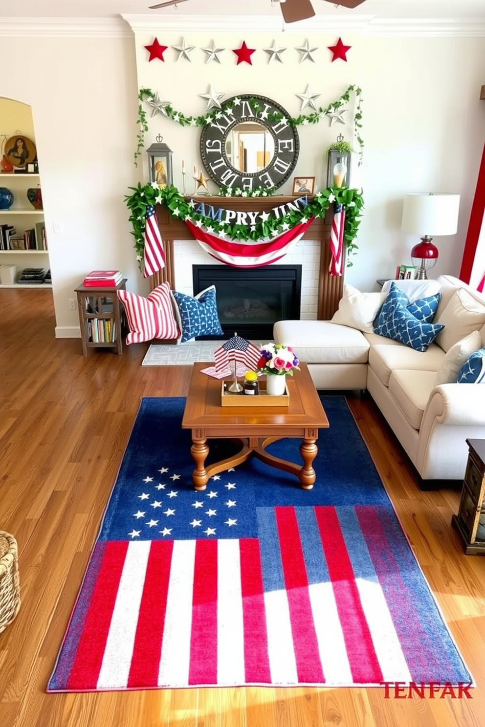 A vibrant accent rug featuring a flag design is placed in the center of a cozy living room. Surrounding the rug are a plush sectional sofa and a wooden coffee table adorned with patriotic-themed decor. For Memorial Day, the apartment is decorated with red, white, and blue accents throughout the space. Festive throw pillows and a garland of stars hang above the mantel, creating a welcoming and celebratory atmosphere.