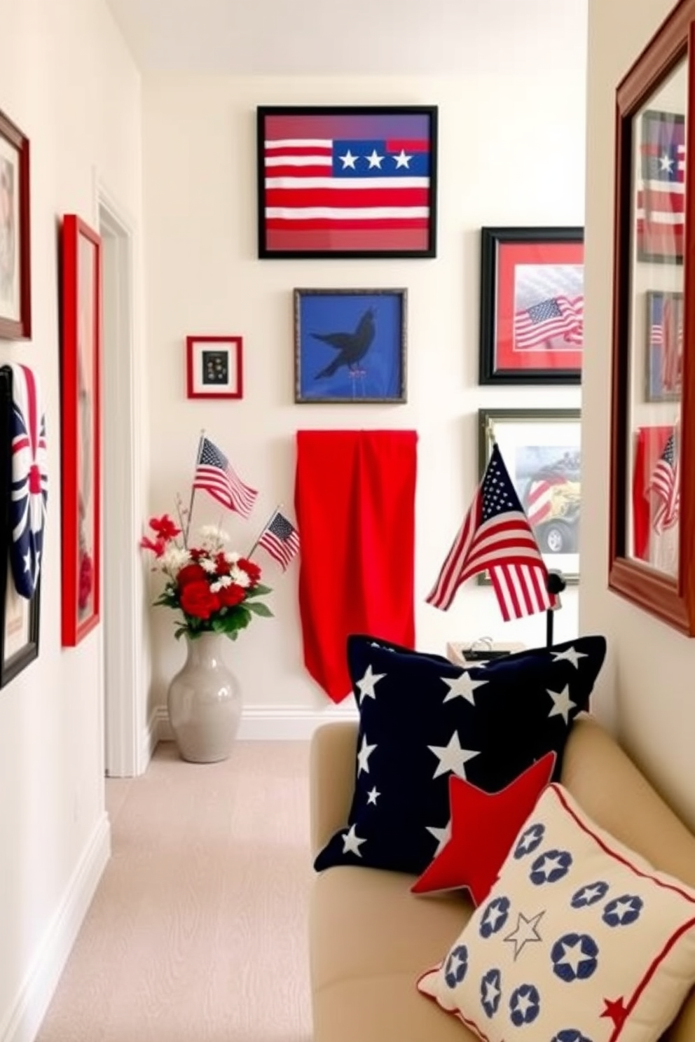 A hallway adorned with patriotic-themed artwork that celebrates national pride. The walls are painted in a soft white, providing a clean backdrop for vibrant red, blue, and white framed pieces that evoke a sense of unity and remembrance. For Memorial Day, the apartment is decorated with tasteful accents that honor the holiday. Subtle touches like small flags, red and white floral arrangements, and cozy throw pillows in star patterns create a warm and inviting atmosphere.