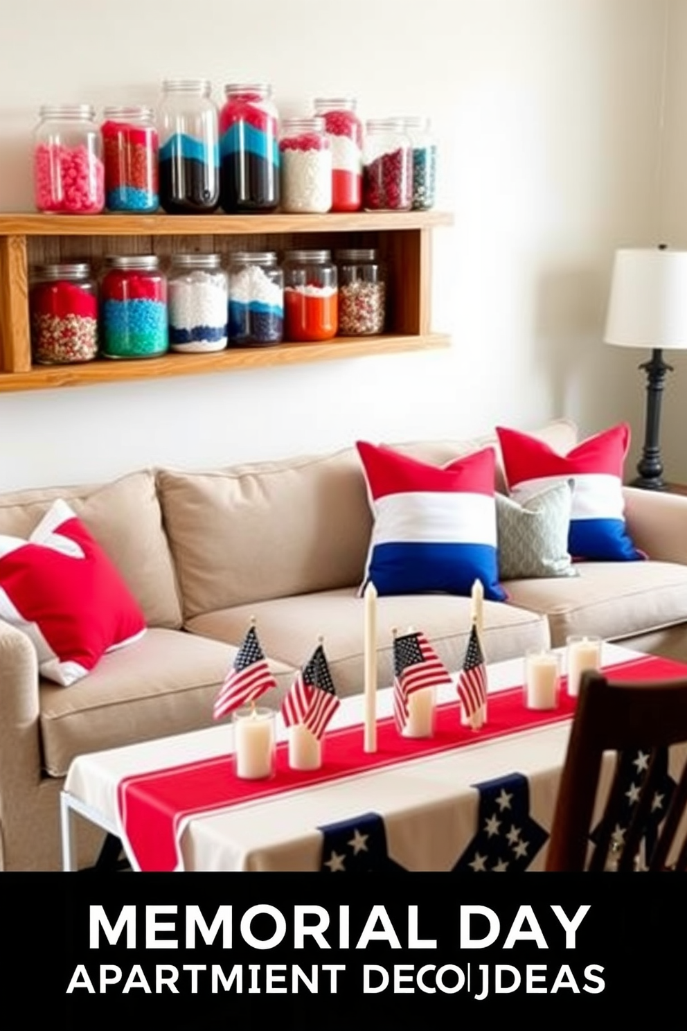 Decorative jars filled with colored sand are arranged on a wooden shelf, showcasing a vibrant spectrum of hues. The jars vary in size and shape, creating an artistic display that adds a playful touch to the room. For Memorial Day apartment decorating ideas, a cozy living room features red, white, and blue throw pillows on a neutral sofa. A festive table is set with a patriotic tablecloth, adorned with candles and small American flags for a welcoming atmosphere.