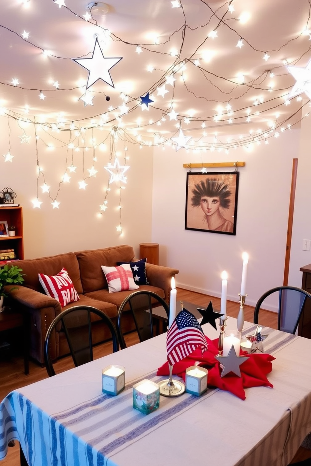 A cozy living room adorned with star-shaped fairy lights strung across the ceiling creates a magical ambiance. The soft glow of the lights complements the plush sofa and the warm wooden accents throughout the space. For Memorial Day, the apartment is decorated with red, white, and blue throw pillows on the couch. A festive table setting features a striped tablecloth, star-shaped centerpieces, and candles to celebrate the holiday.