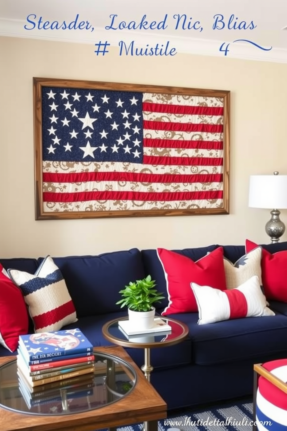 A vibrant living room featuring a striking stars and stripes wall art display. The artwork is framed in a rustic wooden frame and is complemented by a cozy sectional sofa in navy blue. In the corner, a decorative table holds a small potted plant and a stack of patriotic-themed books. The room is adorned with red, white, and blue throw pillows, creating a festive atmosphere perfect for Memorial Day celebrations.