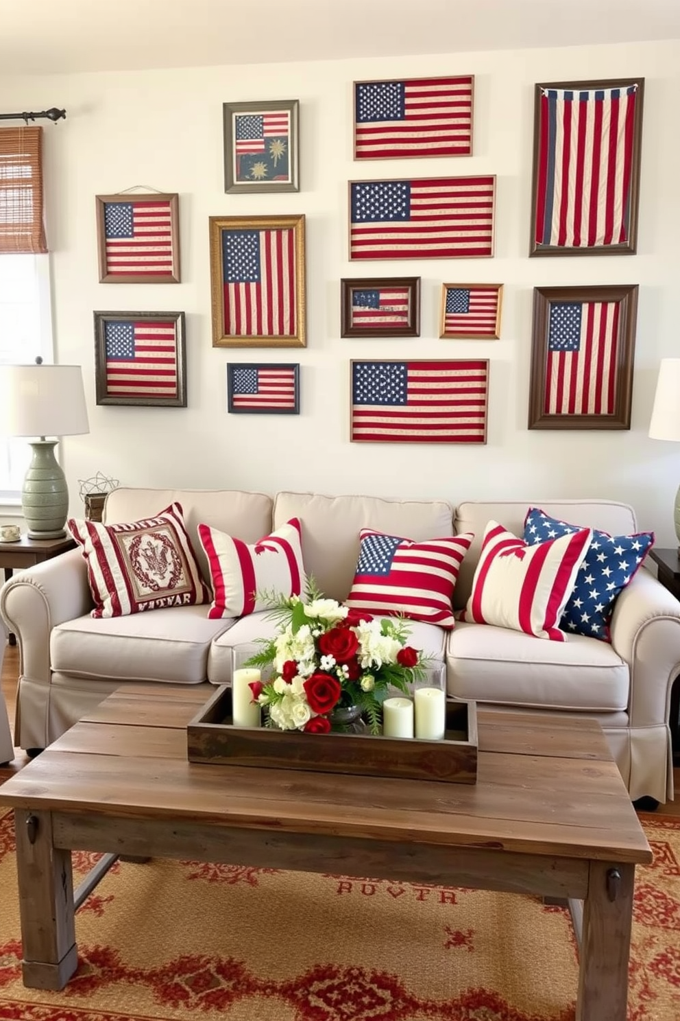 A cozy living room adorned with vintage American flags as decor. The walls are decorated with framed flags in various sizes, creating a patriotic gallery that adds warmth and character to the space. A festive atmosphere is enhanced with red, white, and blue throw pillows on a neutral-colored sofa. A rustic coffee table displays a small arrangement of flowers and candles, perfectly complementing the Memorial Day theme.