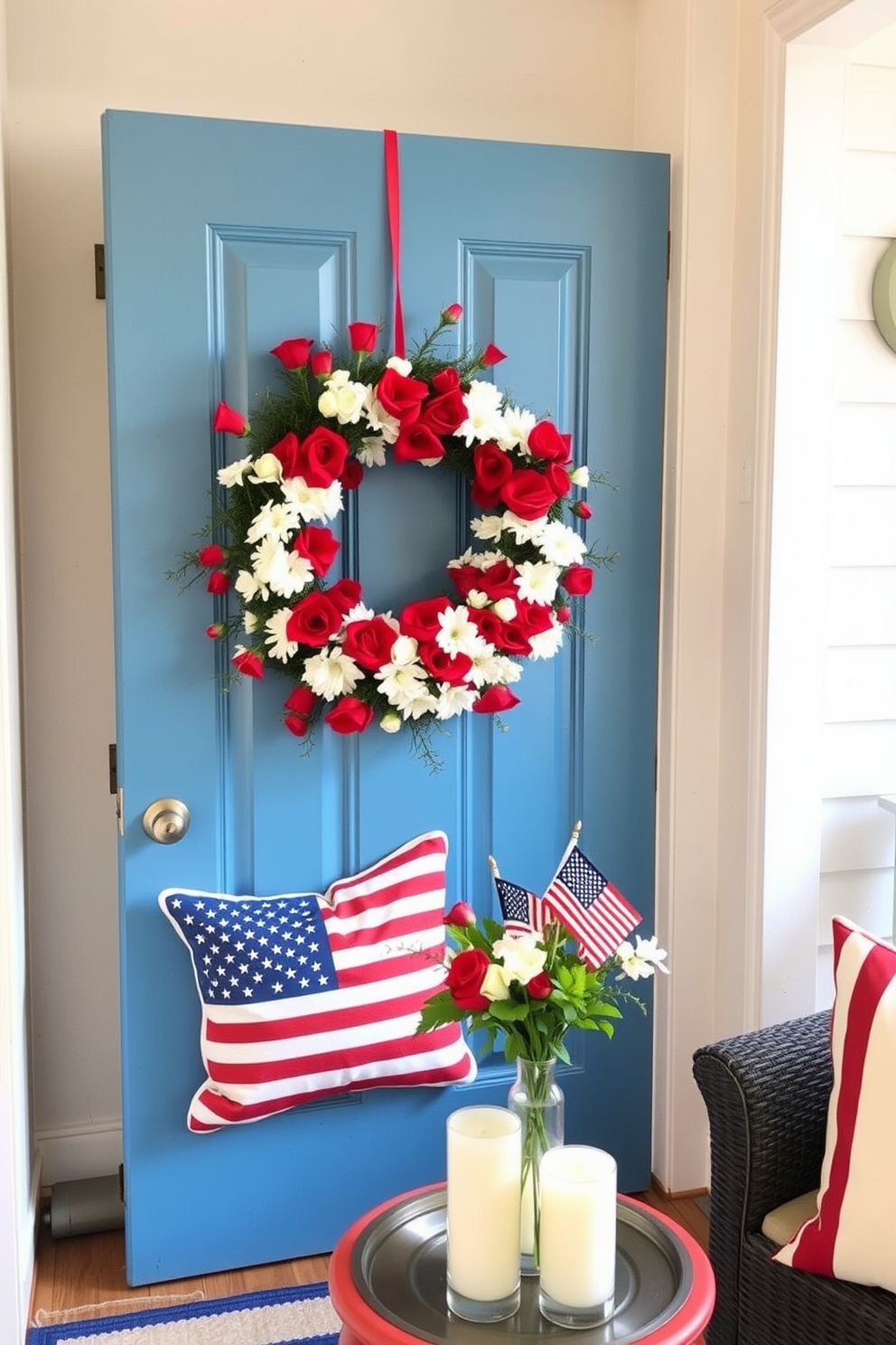 A festive wreath adorned with red and white flowers hangs gracefully on the front door. The door itself is painted a cheerful blue, welcoming guests with a touch of seasonal charm. For Memorial Day, the apartment features a cozy living room decorated with patriotic throw pillows in red, white, and blue. A small table is set with a centerpiece of fresh flowers and candles, creating a warm and inviting atmosphere for gatherings.