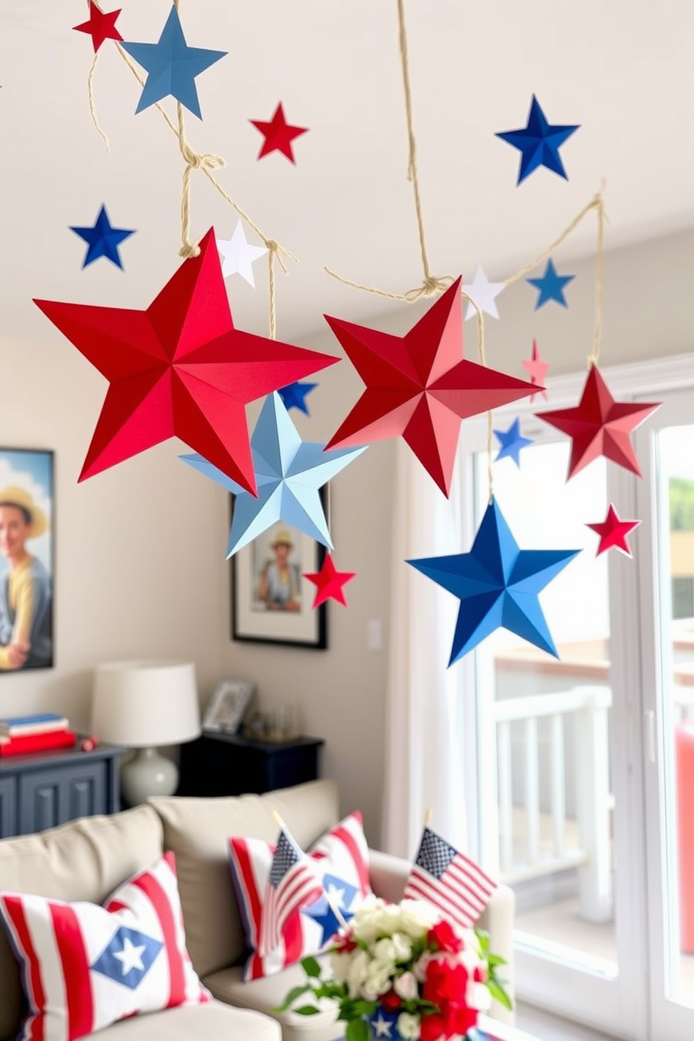 A whimsical DIY star garland hangs gracefully from the ceiling, creating a festive atmosphere. The stars are crafted from colorful paper and strung together with twine, adding a playful touch to the room. For Memorial Day, the apartment is adorned with red, white, and blue decorations that celebrate the holiday. Patriotic throw pillows and a centerpiece featuring flags and flowers bring a cheerful spirit to the living space.