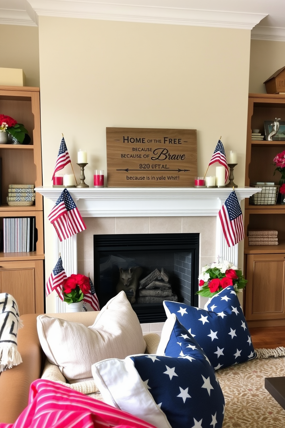 Create a cozy living room setting featuring a fireplace mantle adorned with patriotic-themed candles in red white and blue. The mantle is decorated with small American flags and a rustic wooden sign that reads Home of the Free because of the Brave. Incorporate Memorial Day decorations throughout the apartment with tasteful arrangements of flowers in vibrant colors. Use throw pillows and blankets in patriotic patterns to enhance the festive atmosphere while maintaining a sophisticated look.