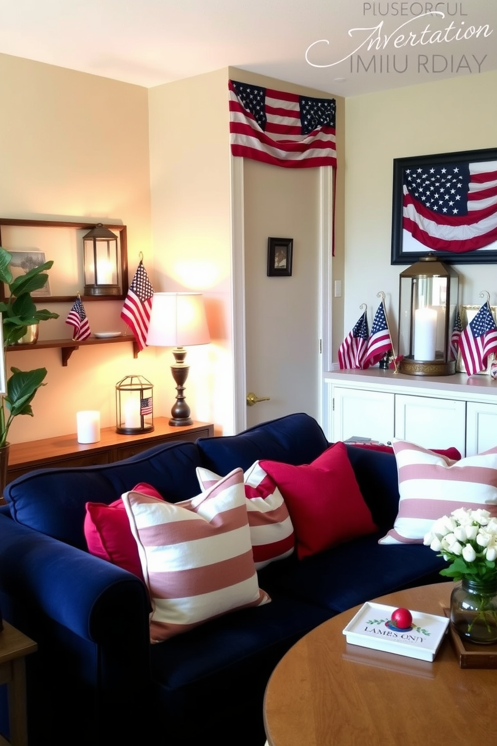 A cozy apartment living room adorned with decorative lanterns featuring flag motifs. The lanterns are strategically placed on shelves and tables, creating a festive atmosphere that celebrates Memorial Day. The walls are painted in a soft beige, complementing the vibrant colors of the flags. A plush navy blue sofa is accented with red and white throw pillows, enhancing the patriotic theme of the space.