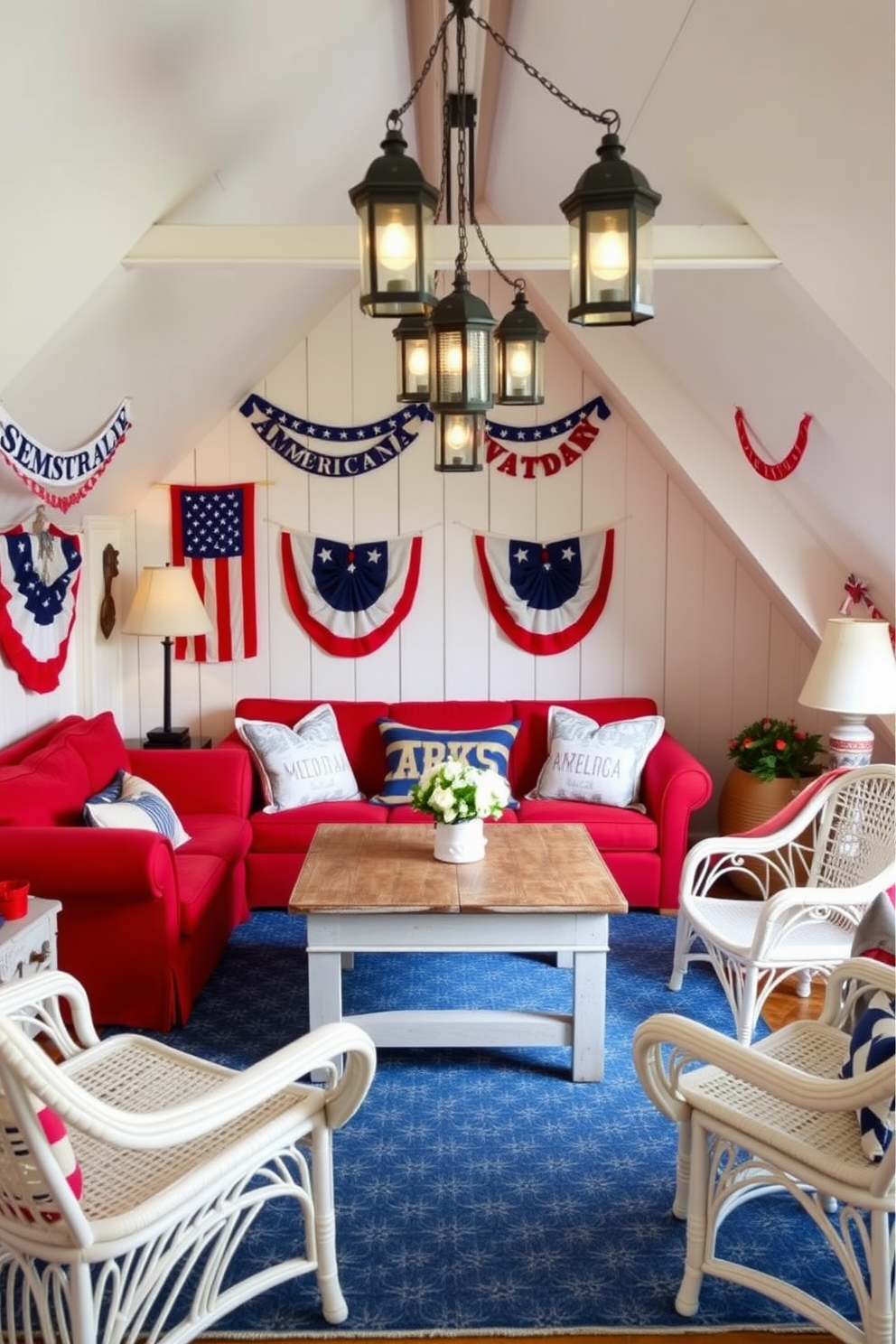 A cozy attic setting decorated in a red white and blue color scheme. The walls are adorned with vintage American flags and patriotic bunting, while a plush red sofa is accented with blue and white throw pillows. A rustic wooden coffee table sits in the center, surrounded by a mix of white wicker chairs and a blue patterned rug. Soft lighting from a series of hanging lanterns creates a warm ambiance, enhancing the festive atmosphere for Memorial Day celebrations.