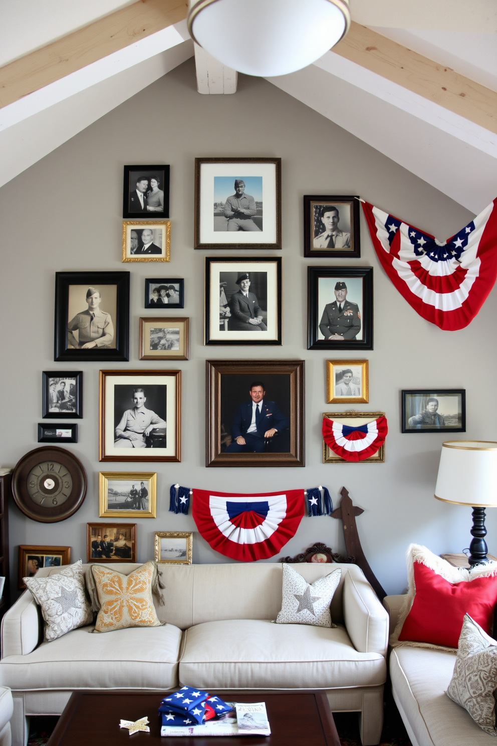 A gallery wall featuring an arrangement of family military photos in various frames. The wall is painted in a soft gray, creating a serene backdrop that highlights the rich colors and textures of the photographs. For Memorial Day, the attic is decorated with patriotic themes, including red, white, and blue bunting draped across the beams. Vintage military memorabilia is displayed alongside cozy seating, inviting family gatherings and reflections on service.