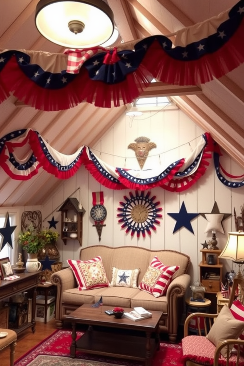 A charming attic space decorated for Memorial Day features vibrant bunting and garlands in red white and blue. The walls are adorned with patriotic decorations while a cozy seating area invites relaxation amidst the festive atmosphere. The attic is filled with vintage decor showcasing Americana themes with star motifs and rustic elements. Soft lighting enhances the warm ambiance creating a welcoming and celebratory environment perfect for gathering with family and friends.