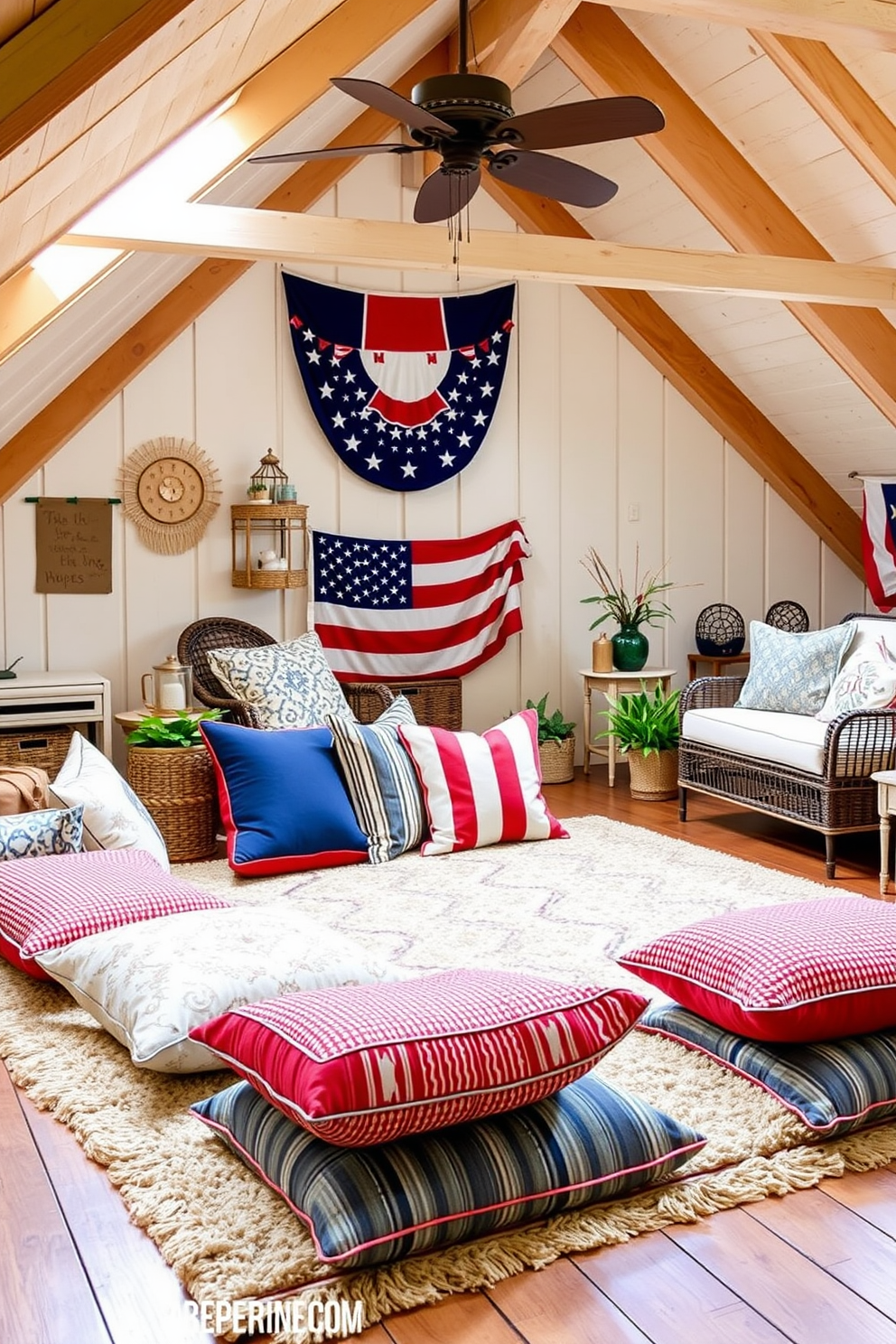 Cushioned floor seating for gatherings. Plush cushions in various colors and patterns are arranged on a soft area rug, creating a cozy and inviting atmosphere for friends and family to relax and socialize. Memorial Day Attic Decorating Ideas. The attic is transformed with patriotic decor featuring red, white, and blue accents, vintage flags, and comfortable seating to celebrate the holiday in style.