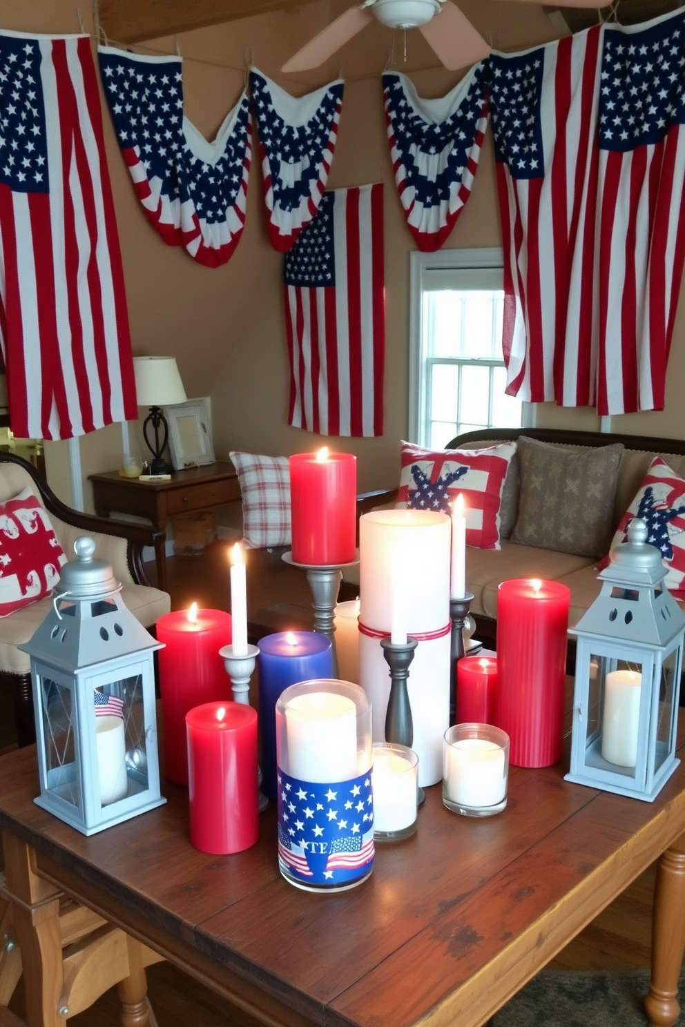 A cozy Memorial Day themed display features an array of candles in red white and blue hues arranged on a rustic wooden table. Lanterns with stars and stripes designs are placed strategically around the candles casting a warm inviting glow. The attic is transformed into a patriotic haven with vintage American flags draped across the walls. Comfortable seating adorned with throw pillows in red white and blue creates a perfect spot for relaxation and reflection.