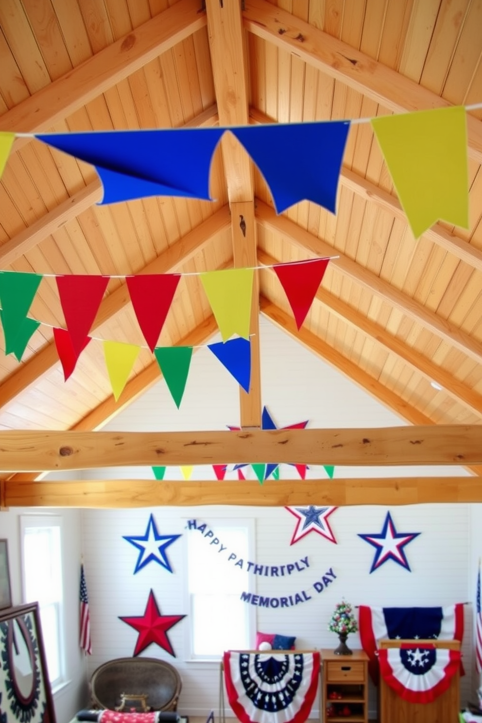 Brightly colored banners hang across the wooden beams of the attic, adding a festive touch to the space. The walls are adorned with patriotic decor, featuring stars and stripes that celebrate Memorial Day.