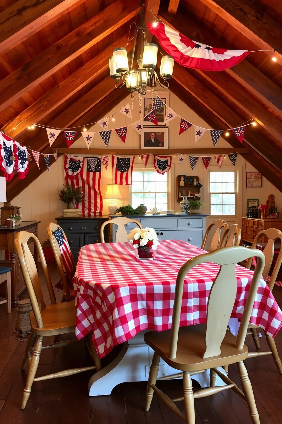 A charming dining table is adorned with a red and white checkered cloth, creating a festive atmosphere. Surrounding the table are mismatched wooden chairs, each with its own unique character, inviting guests to sit and enjoy. In the attic, patriotic decor enhances the Memorial Day theme, featuring vintage flags and bunting draped along the beams. Soft lighting from string lights adds a warm glow, making the space cozy and inviting for gatherings.