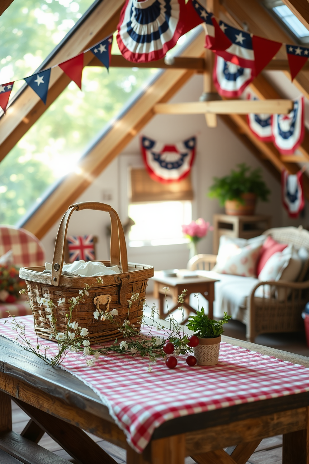 A charming vintage picnic basket is placed on a rustic wooden table, surrounded by delicate wildflowers and a checkered tablecloth. The scene is enhanced with soft sunlight filtering through the trees, creating a warm and inviting atmosphere. The attic is transformed into a cozy Memorial Day retreat, adorned with red, white, and blue decorations. Vintage flags and bunting hang from the rafters, while a comfortable seating area features plush cushions and a small table for refreshments.