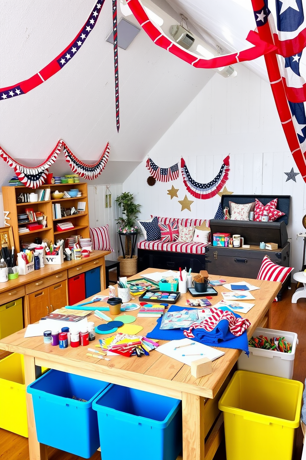 A vibrant craft station for DIY Memorial Day projects. The workspace features a large wooden table covered with colorful fabrics, paints, and craft supplies, surrounded by bright storage bins. An inviting attic decorated for Memorial Day. The space showcases patriotic bunting draped along the walls, a cozy seating area with red, white, and blue cushions, and a vintage trunk filled with seasonal decorations.