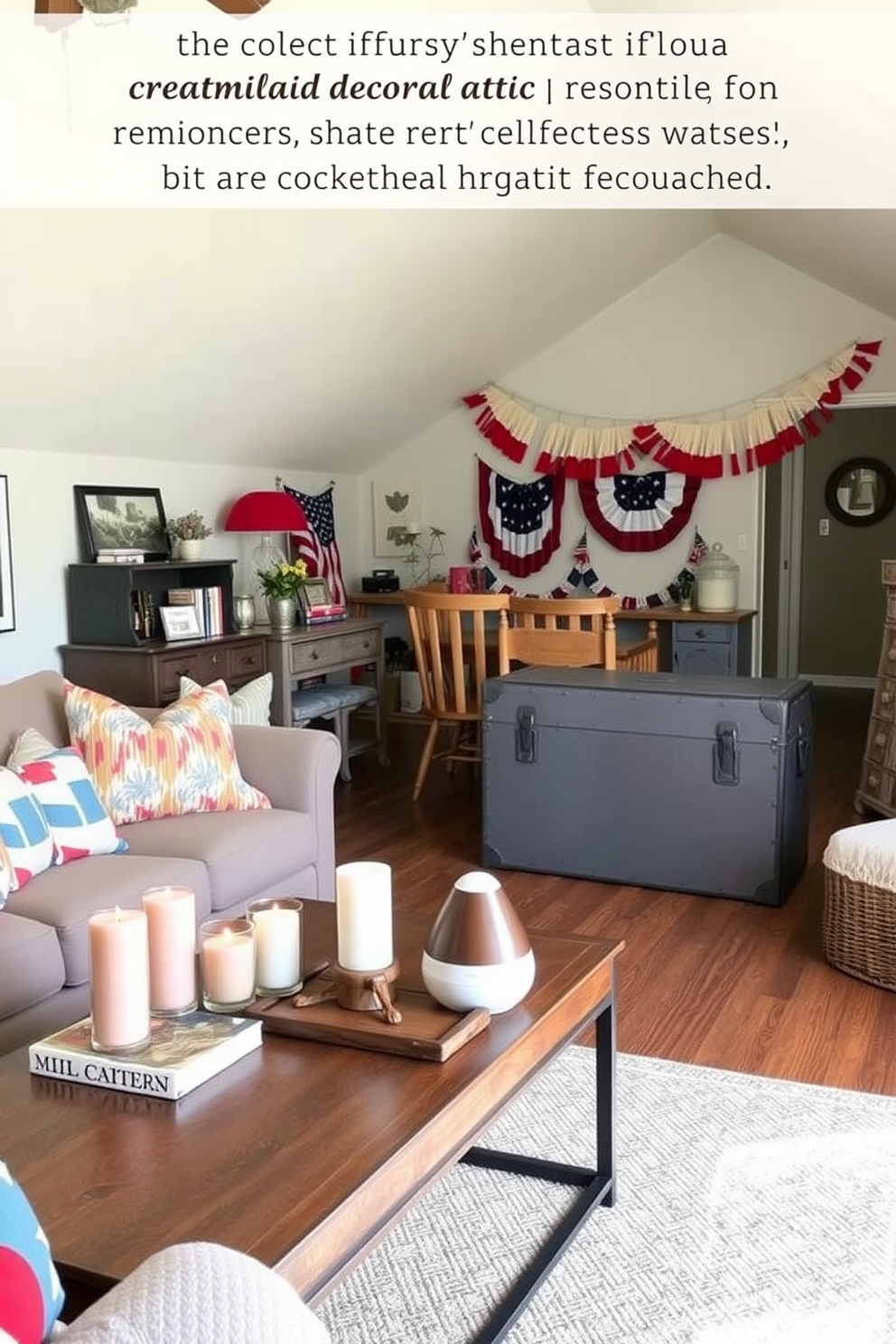 A cozy living room filled with seasonal scents from essential oil diffusers. The room features a plush sofa adorned with colorful throw pillows and a coffee table topped with candles and a diffuser. An inviting attic space decorated for Memorial Day. There are red white and blue accents throughout the room including a vintage trunk used as a coffee table and patriotic bunting draped across the walls.