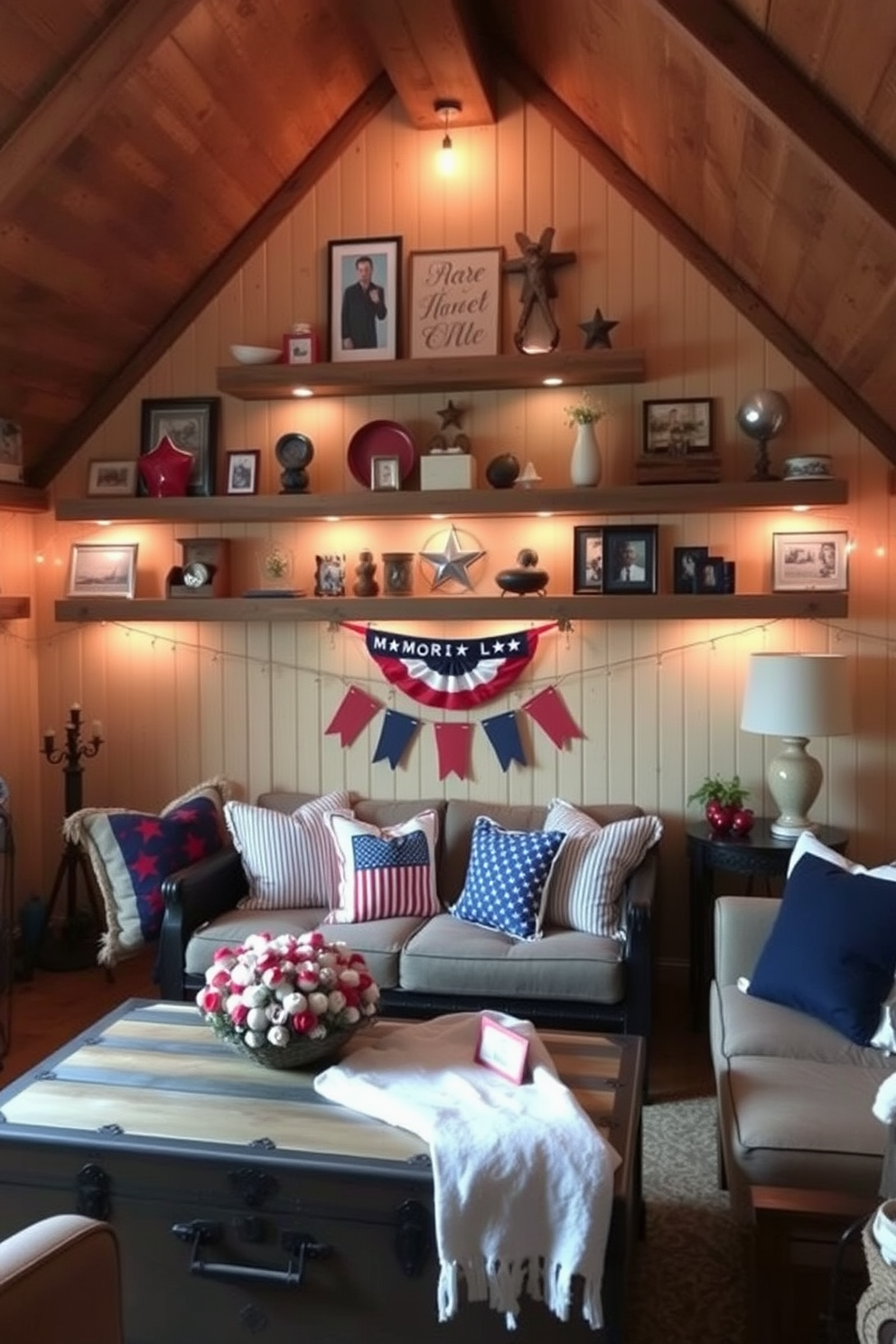 A cozy attic space features wall-mounted shelves made of reclaimed wood, displaying an array of decorative items and personal mementos. Soft lighting illuminates the shelves, creating a warm ambiance that invites relaxation and nostalgia. For a Memorial Day theme, the attic is adorned with red, white, and blue accents, including throw pillows and a festive banner. A vintage trunk serves as a coffee table, surrounded by comfortable seating, perfect for gathering with family and friends to celebrate the holiday.