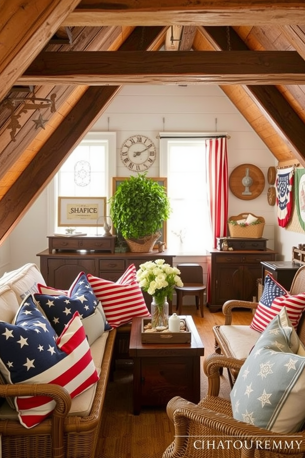 A cozy seating area adorned with patriotic cushions in red white and blue. The cushions feature stars and stripes patterns creating a festive atmosphere perfect for Memorial Day celebrations. The attic is transformed into a charming retreat with vintage decor and subtle nods to Americana. Rustic wooden beams and soft lighting enhance the warmth while displaying memorabilia that honors the spirit of the holiday.