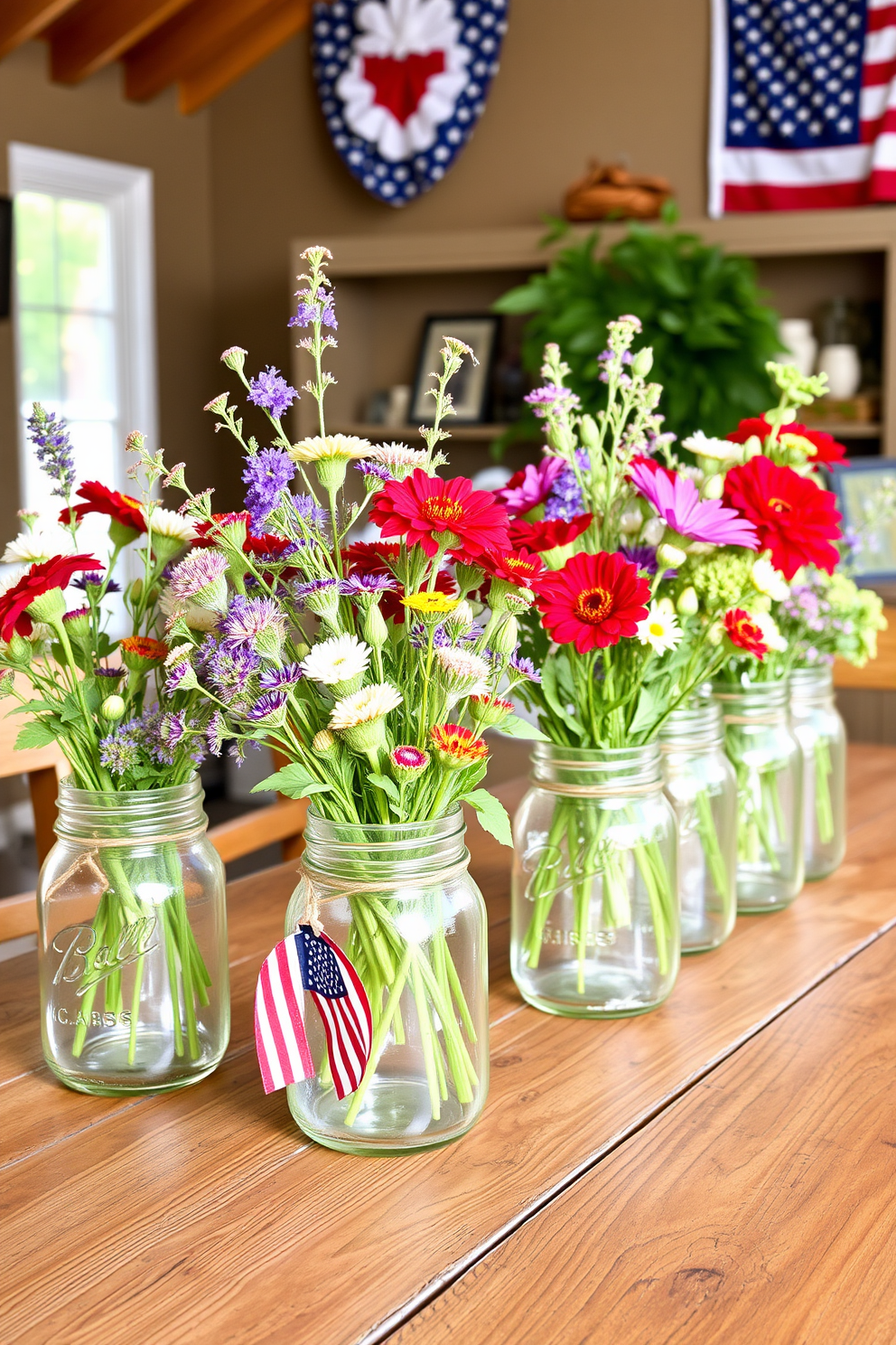 Decorative mason jars filled with flowers arranged on a rustic wooden table. The jars feature a mix of vibrant wildflowers and soft greenery, creating a charming and inviting display. Memorial Day attic decorating ideas that evoke a sense of nostalgia and celebration. Incorporate red, white, and blue accents with vintage flags and family photos to honor the holiday spirit.