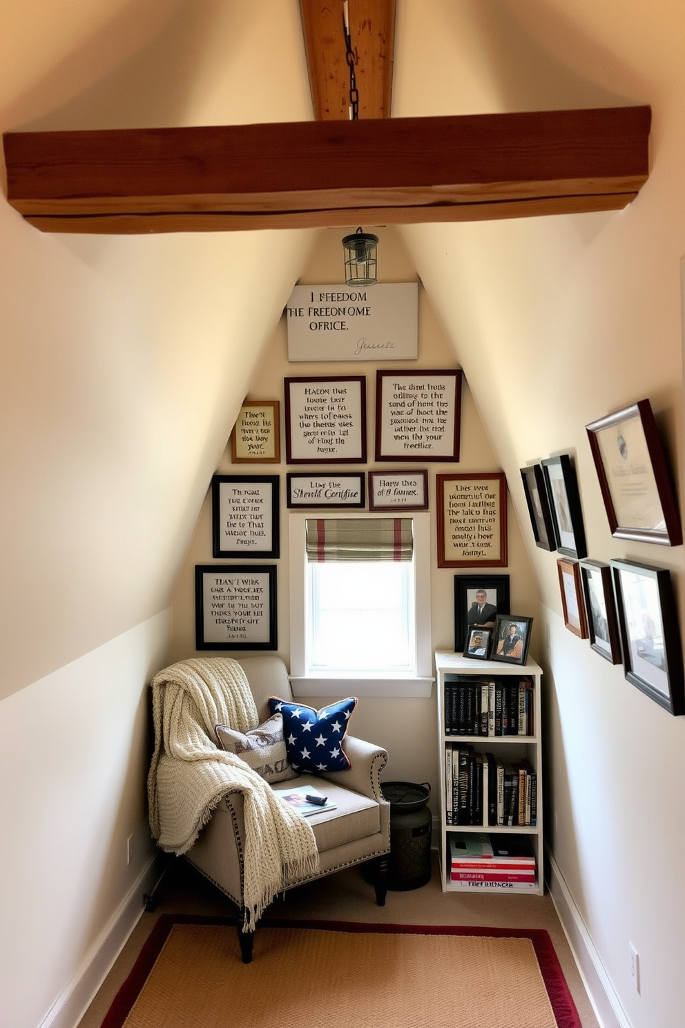 A cozy attic space adorned with framed quotes about freedom and sacrifice. The walls are painted in a soft cream color, and the ceiling features exposed wooden beams for a rustic touch. A collection of vintage frames holds inspiring quotes, arranged in a gallery style above a comfortable reading nook. A plush armchair with a knitted throw is positioned near a small window, allowing natural light to filter in. Decorative elements include patriotic-themed cushions and a small bookshelf filled with literature on history and heroism. A warm area rug anchors the space, creating an inviting atmosphere for reflection and appreciation.