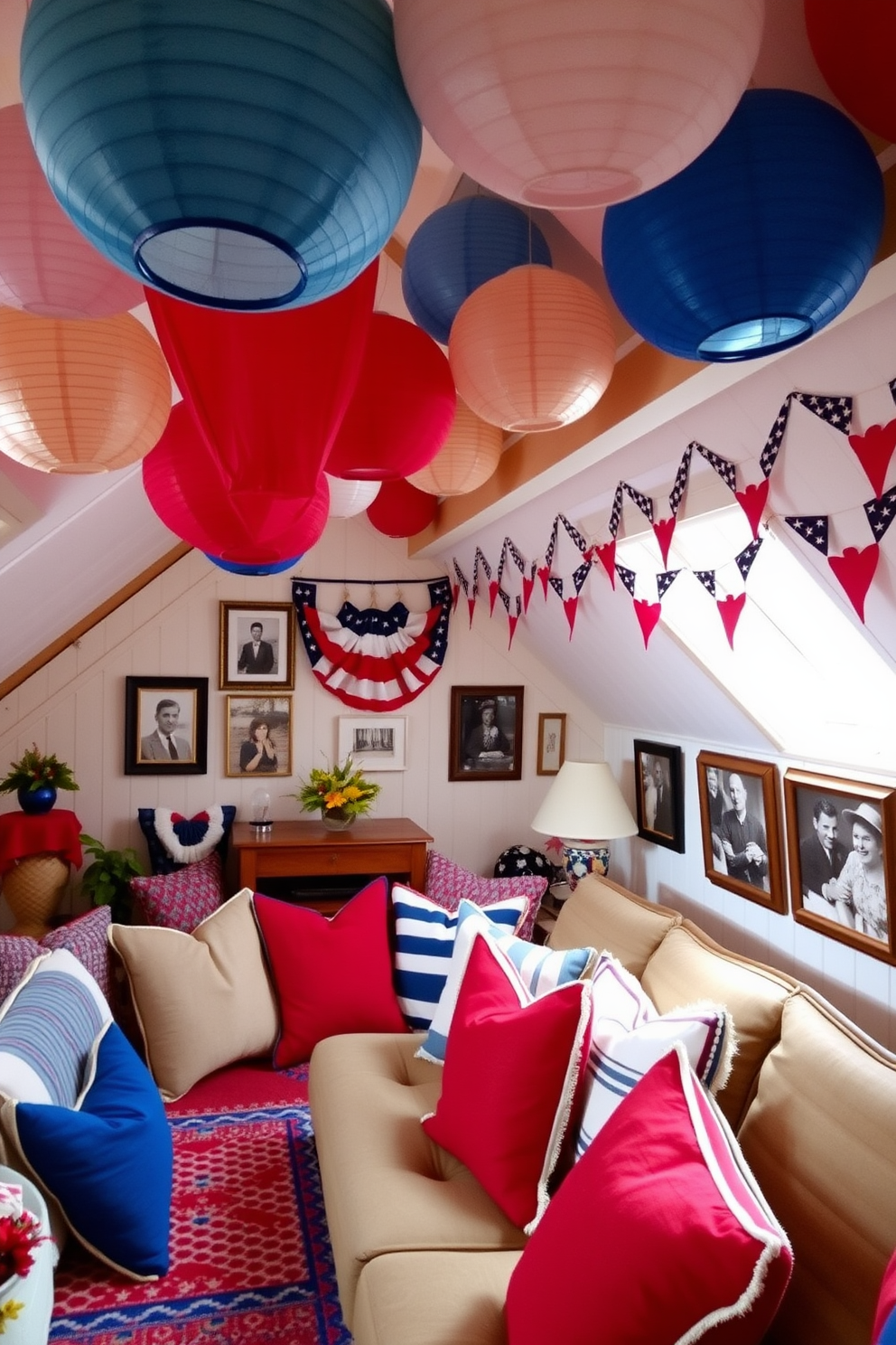 A vibrant attic space decorated for Memorial Day. Colorful paper lanterns hang from the ceiling, casting a warm glow over the room filled with red, white, and blue accents. The walls are adorned with patriotic banners and framed photographs of past celebrations. Cozy seating is arranged with throw pillows in festive colors, creating an inviting atmosphere for family gatherings.