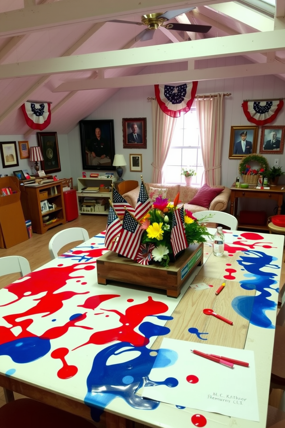 A vibrant and engaging space filled with patriotic themed art supplies for kids. The room features a large table covered with red white and blue paint, markers, and craft paper, encouraging creativity and celebration. An inviting attic decorated for Memorial Day with a cozy seating area. The walls are adorned with patriotic bunting and framed photographs of veterans, while a rustic wooden table holds a centerpiece of flags and seasonal flowers.