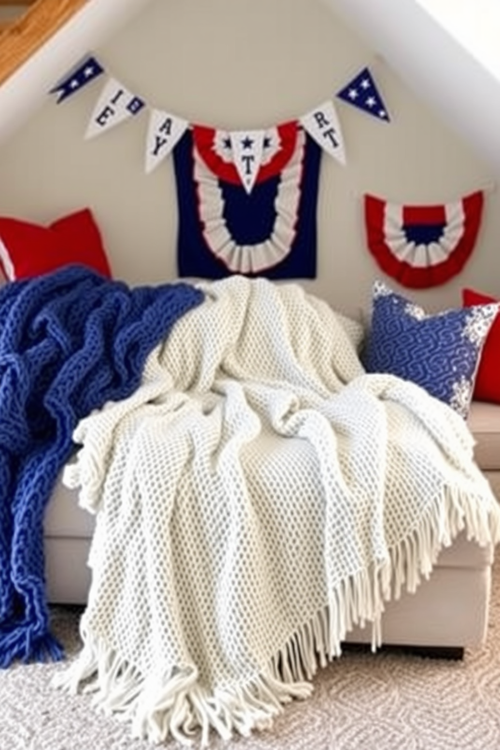 Cozy blankets for attic movie nights. Soft knitted throws are draped over a plush sectional sofa, inviting relaxation and warmth. Memorial Day Attic Decorating Ideas. Red white and blue accents are incorporated through decorative pillows and festive banners, creating a patriotic atmosphere.