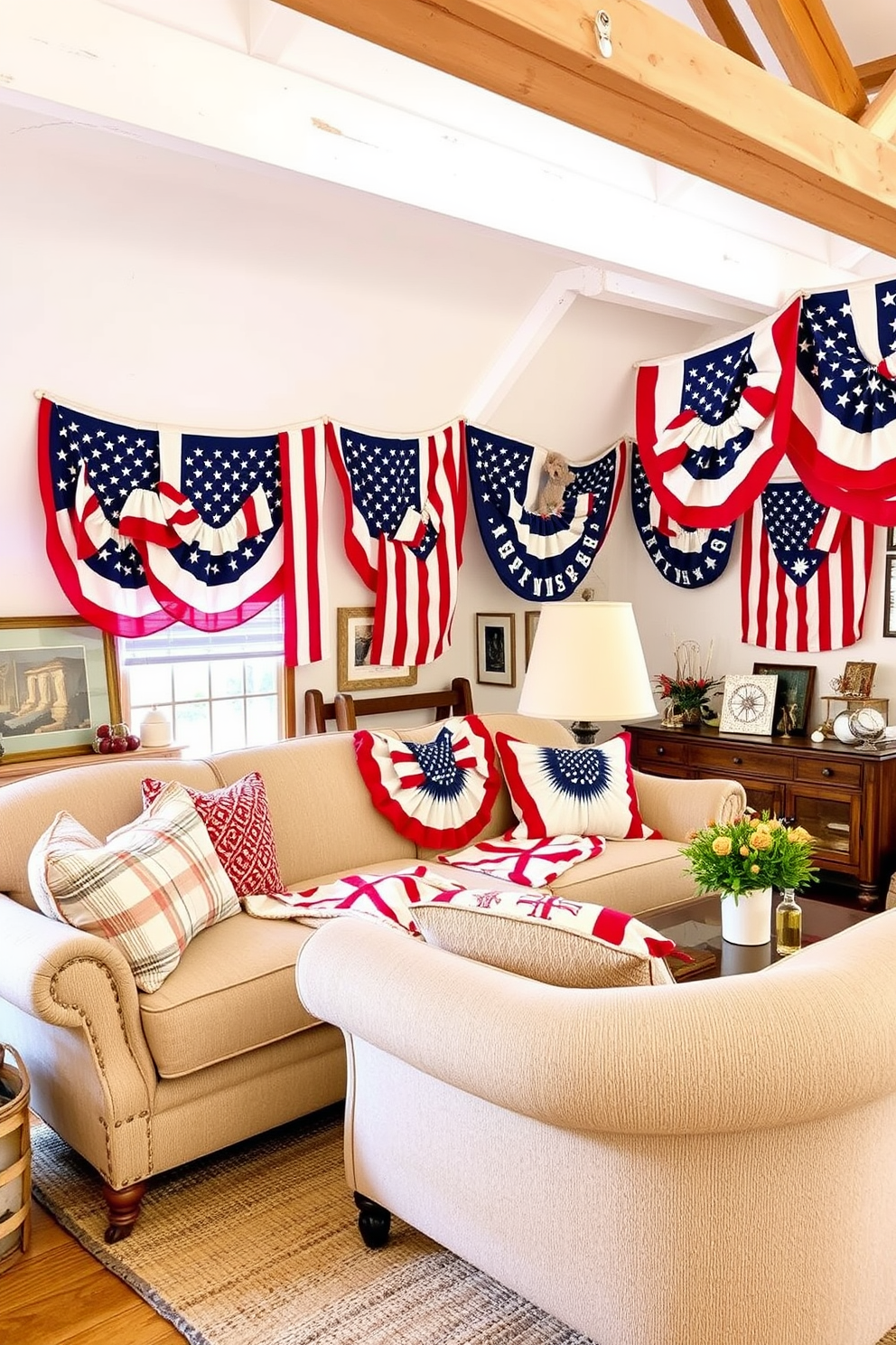 Decorative flags draped over furniture create a festive atmosphere filled with patriotism and celebration. The vibrant colors of the flags contrast beautifully with the neutral tones of the furniture, enhancing the overall aesthetic of the space. For Memorial Day attic decorating ideas, consider incorporating vintage items and family memorabilia to evoke nostalgia. Soft lighting and cozy seating arrangements can transform the attic into a welcoming gathering place for family and friends.