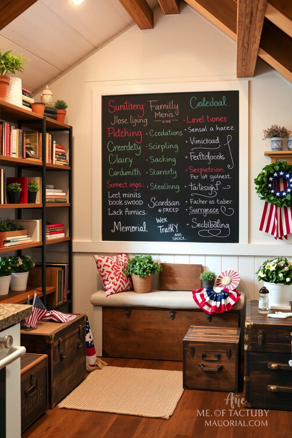 A cozy kitchen nook featuring a large chalkboard wall where family messages and menus are written in colorful chalk. Surrounding the nook are rustic wooden shelves filled with cookbooks and plants, creating a warm and inviting atmosphere. An inviting attic space decorated for Memorial Day with patriotic red, white, and blue accents. Vintage trunks and wooden crates serve as storage and display areas for seasonal decor, while soft lighting creates a relaxing ambiance.