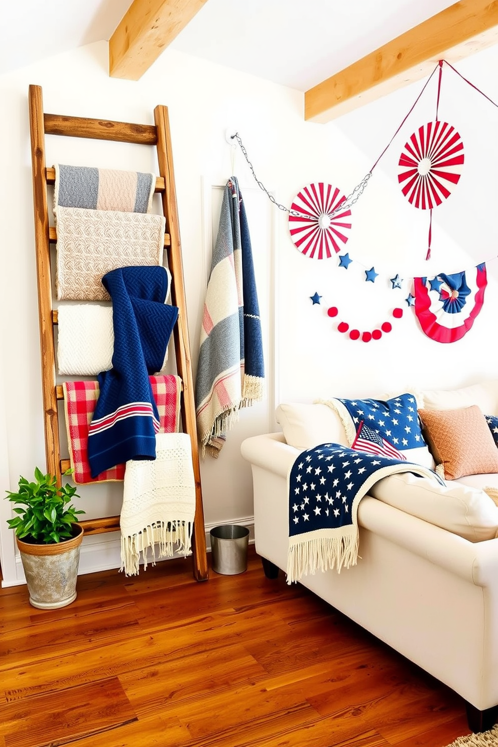 A decorative ladder made of reclaimed wood leans against a soft white wall, adorned with an array of cozy blankets in various textures and colors. The floor beneath is a warm, rustic hardwood, and a small potted plant sits at the base of the ladder, adding a touch of greenery. For Memorial Day, the attic is transformed into a festive space with red, white, and blue accents. Vintage patriotic decorations hang from the beams, and a comfortable seating area is created with a large, inviting sectional couch draped in festive throws.