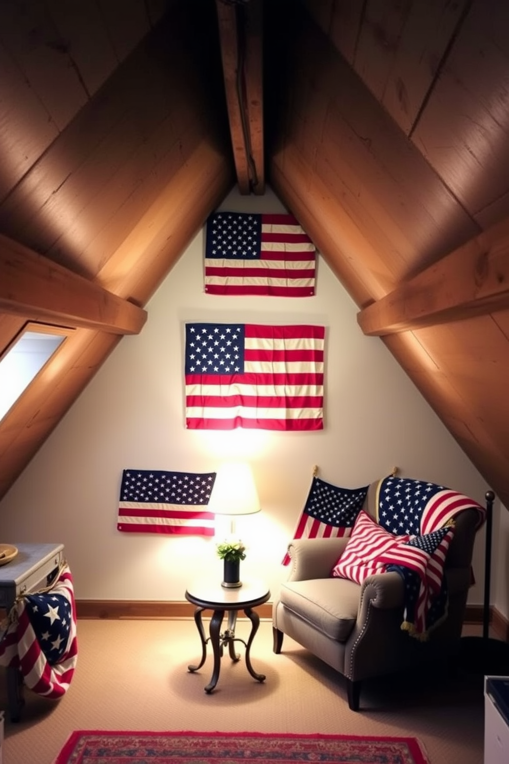 A cozy attic space adorned with vintage American flags as wall art. The flags are arranged in a collage style on the sloped walls, creating a patriotic focal point. Soft lighting illuminates the room, highlighting the rustic wooden beams overhead. A comfortable seating area with a vintage armchair and a small coffee table invites relaxation and reflection on Memorial Day.