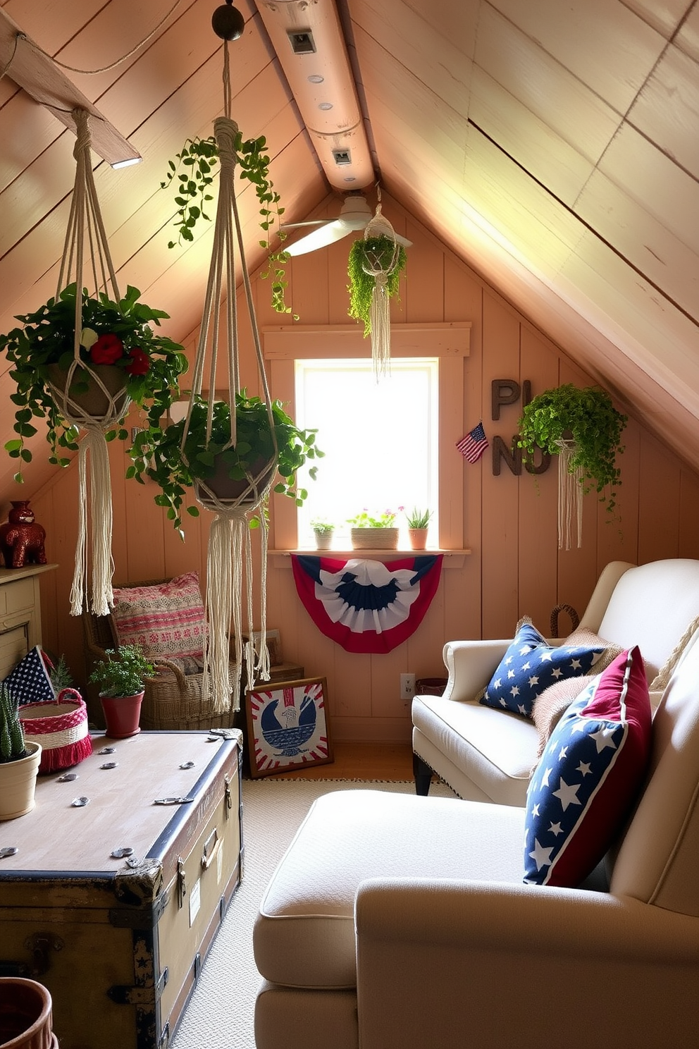 Create a cozy attic space decorated for Memorial Day. The area features hanging plants in macramé holders, providing a fresh atmosphere while colorful red, white, and blue accents celebrate the holiday. Incorporate vintage furniture pieces like a distressed wooden trunk and a comfortable armchair. Soft, natural light filters through a small window, illuminating the patriotic decor and creating a welcoming environment.