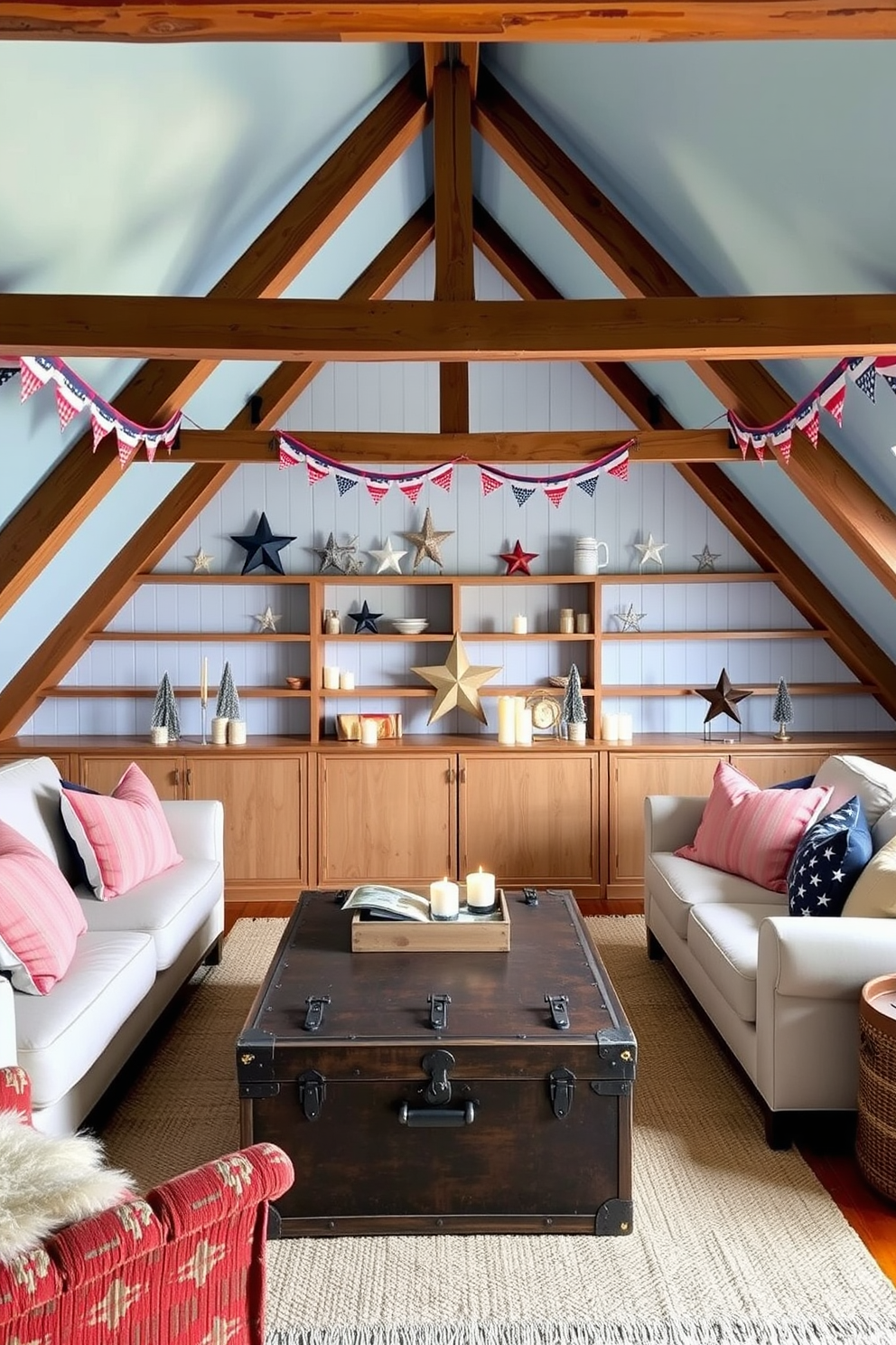 A cozy attic space decorated for Memorial Day featuring star-shaped decor accents throughout. The walls are painted a soft blue, and the wooden beams are adorned with red, white, and blue bunting for a festive touch. A vintage trunk serves as a coffee table in the center, surrounded by plush seating with patriotic throw pillows. On the shelves, small star-shaped ornaments and candles create a warm and inviting atmosphere.