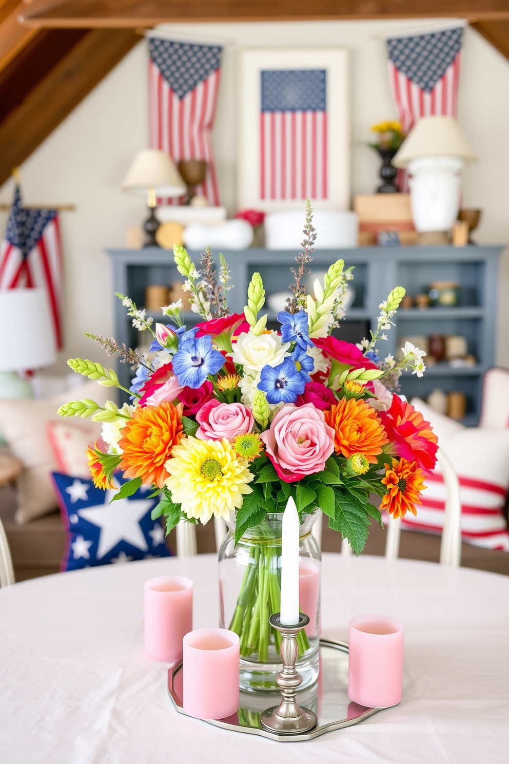 A festive table centerpiece with flowers. The arrangement features vibrant seasonal blooms in a mix of colors, elegantly displayed in a clear glass vase surrounded by decorative candles. Memorial Day attic decorating ideas. The attic is transformed with patriotic decor, including red, white, and blue accents, vintage flags, and a cozy seating area adorned with throw pillows featuring stars and stripes.