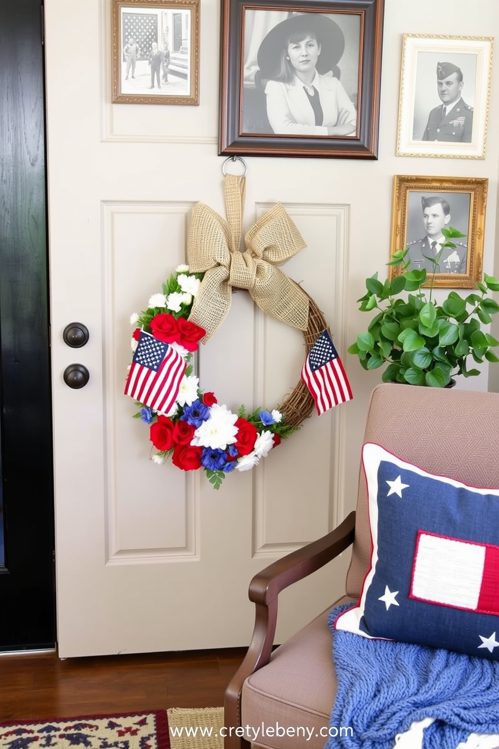 A DIY Memorial Day wreath for the door features a circular base adorned with red white and blue flowers along with small American flags. The wreath is complemented by a rustic burlap bow at the top adding a charming touch. For Memorial Day attic decorating ideas create a cozy space with vintage patriotic decor including old flags and framed photographs of past military members. Incorporate red white and blue throw pillows on a comfortable chair to enhance the festive atmosphere.