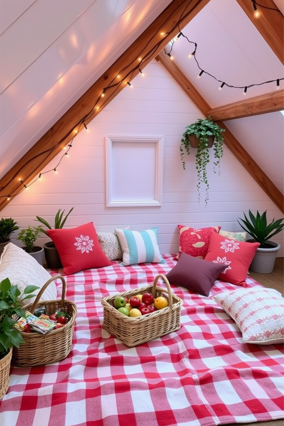 A cozy outdoor picnic setup in an attic space. The area is adorned with a large checkered blanket spread across the floor, surrounded by plush cushions and a wicker basket filled with fresh fruits and snacks. String lights are draped across the beams, creating a warm and inviting atmosphere. Potted plants and colorful throw pillows add a touch of nature and comfort to the space.