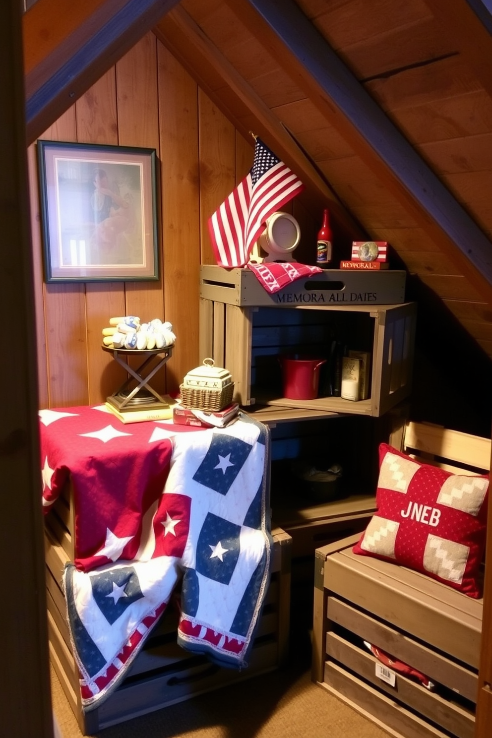 A cozy attic space decorated for Memorial Day features rustic wooden crates used for storage. The crates are stacked creatively in a corner, adorned with red, white, and blue decorative items to celebrate the holiday. Soft lighting illuminates the area, highlighting vintage quilts draped over the crates. A small American flag is placed on top, adding a festive touch to the rustic charm.