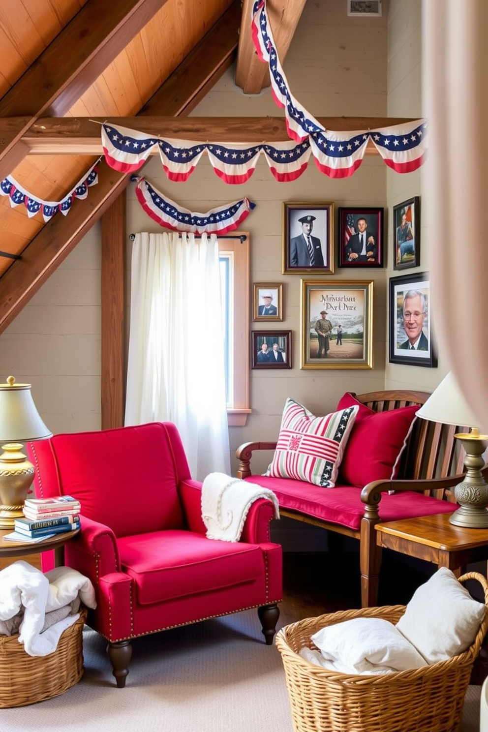 Cozy reading nook with patriotic books. A comfortable armchair upholstered in red fabric is positioned next to a small wooden side table. The table holds a stack of classic American literature and a vintage lamp with a soft glow. A woven basket filled with cozy blankets sits nearby, and a window draped with sheer white curtains lets in natural light. Memorial Day Attic Decorating Ideas. The attic features a rustic wooden bench adorned with red, white, and blue throw pillows. Patriotic bunting is draped along the exposed beams, and a collection of framed photographs from past Memorial Day celebrations hangs on the walls.