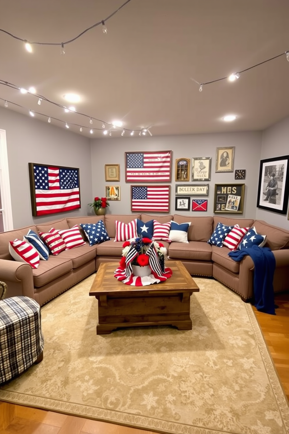 A cozy basement lounge adorned with patriotic red white and blue pillows scattered across a large sectional sofa. The walls are painted in a soft gray, and a rustic wooden coffee table sits in the center, topped with a festive arrangement of red white and blue decor for Memorial Day. String lights hang from the ceiling, creating a warm ambiance, while a large area rug in neutral tones anchors the space. A display of framed American flags and vintage memorabilia decorates the walls, enhancing the festive atmosphere for holiday gatherings.