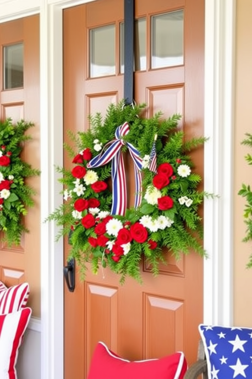 Create a festive atmosphere with beautiful wreaths adorning the basement doors. Each wreath should feature a mix of vibrant seasonal flowers and greenery, reflecting the spirit of celebration. Incorporate patriotic elements for Memorial Day by using red, white, and blue decorations throughout the basement. Consider adding themed cushions and table settings to enhance the festive decor.