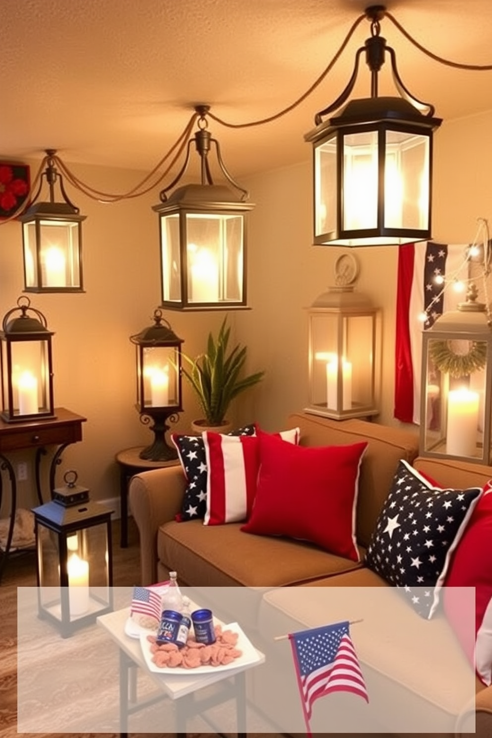 A cozy basement setting adorned with decorative lanterns that emit a warm glow. The lanterns are placed strategically around the room, each housing flickering candles that create an inviting ambiance. For Memorial Day, the basement is decorated with patriotic colors and themed accents. Red, white, and blue cushions are scattered on a comfortable sofa, and a small table is set with festive snacks and drinks.