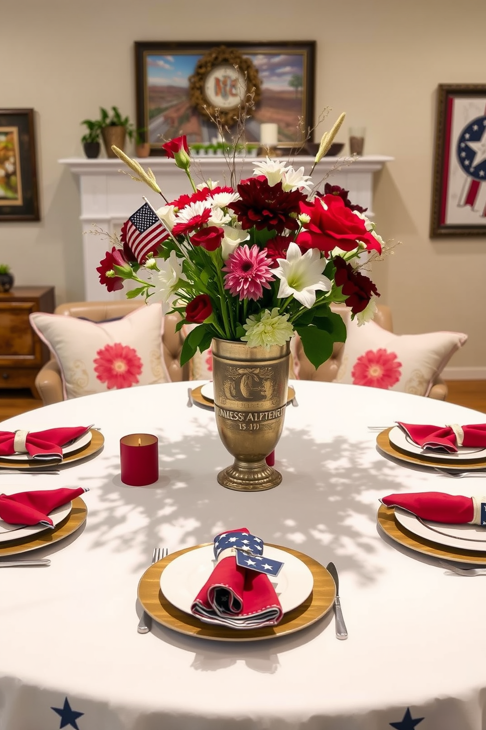 A patriotic themed table setting features a crisp white tablecloth adorned with red and blue accents. Centered on the table is a stunning arrangement of fresh flowers in a vintage vase, complemented by star-spangled napkins and festive place settings. For Memorial Day basement decorating ideas, create a cozy atmosphere with soft lighting and comfortable seating. Incorporate patriotic elements such as red, white, and blue throw pillows and wall art that celebrates the holiday spirit.